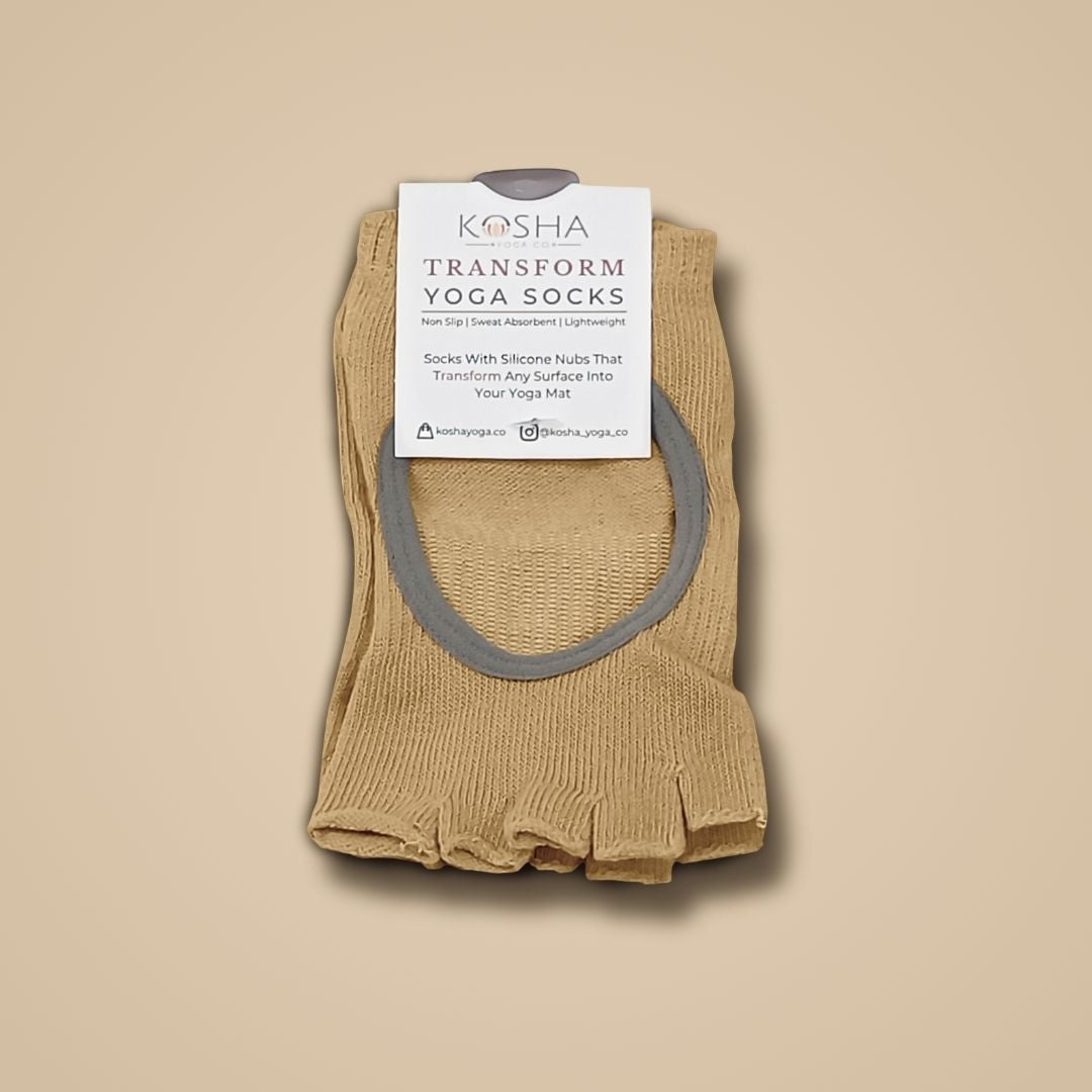 Brown yoga socks and gloves for men and women made from cotton and anti skid non slip silicone by kosha yoga co