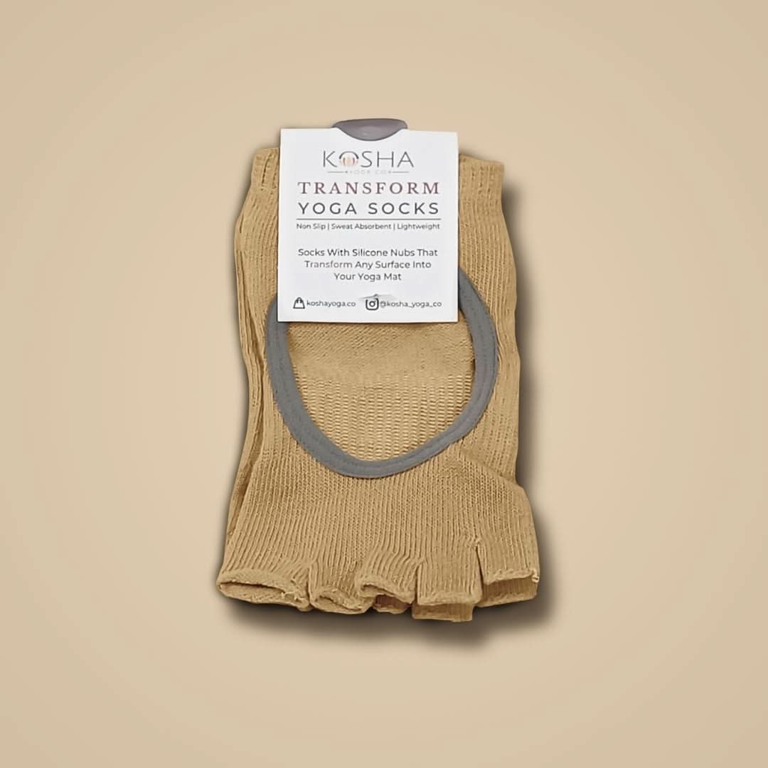 Brown yoga socks and gloves for men and women made from cotton and anti skid non slip silicone by kosha yoga co