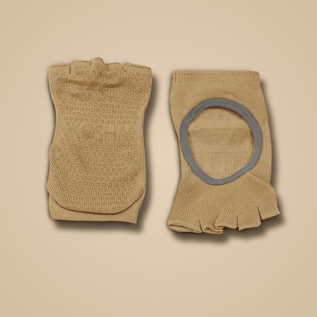 Brown yoga socks for men and women made from cotton and anti skid non slip silicone for yoga when you travel by kosha yoga co