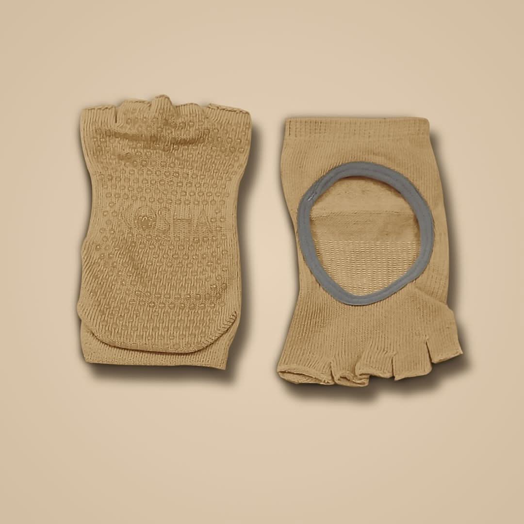 Brown yoga socks for men and women made from cotton and anti skid non slip silicone for yoga when you travel by kosha yoga co