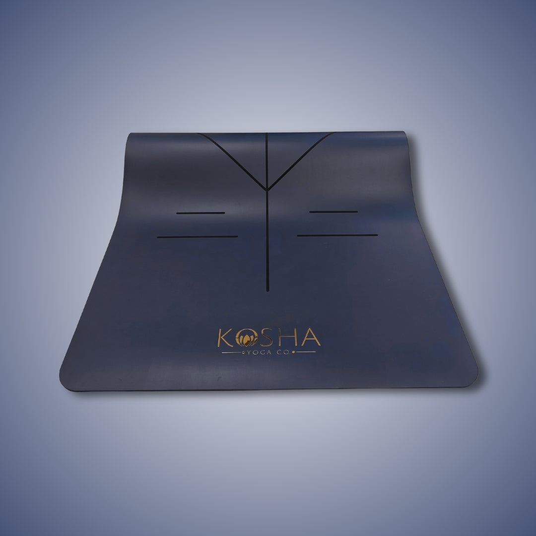 blue yoga mat with alignment lines and natural rubber for extra grip