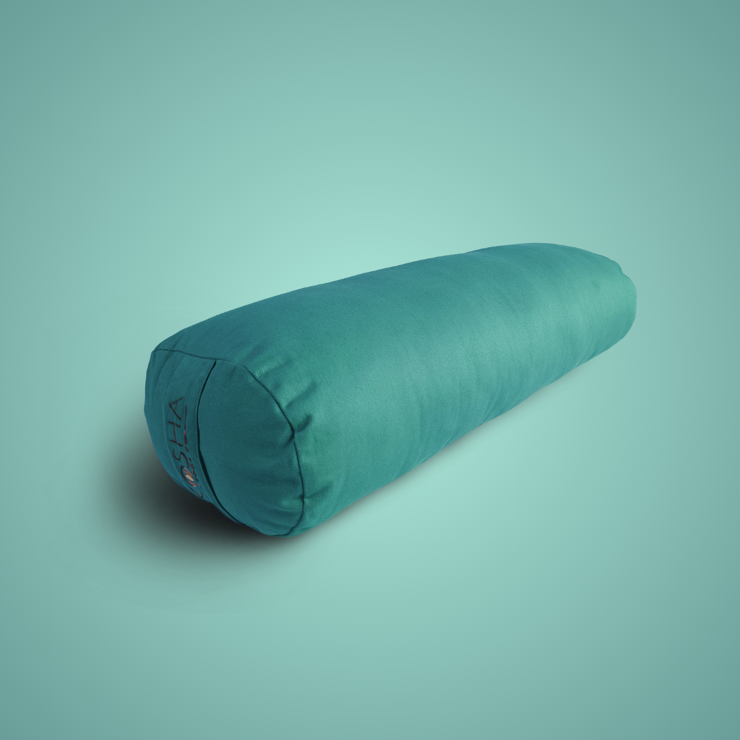 Yoga bolster with cotton cover with soft cushioning for yin yoga restorative yoga relaxation mindfulness meditation in pine green cream brown natural colour