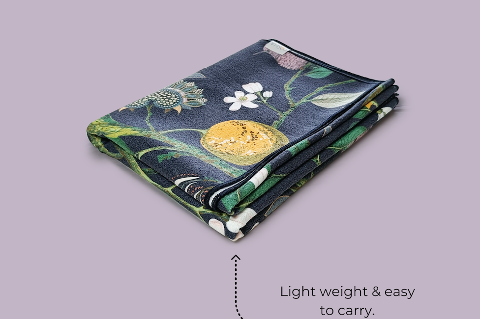 extra long and wide non slip yoga towels by kosha yoga co in green tropical flowers and birds by kosha yoga