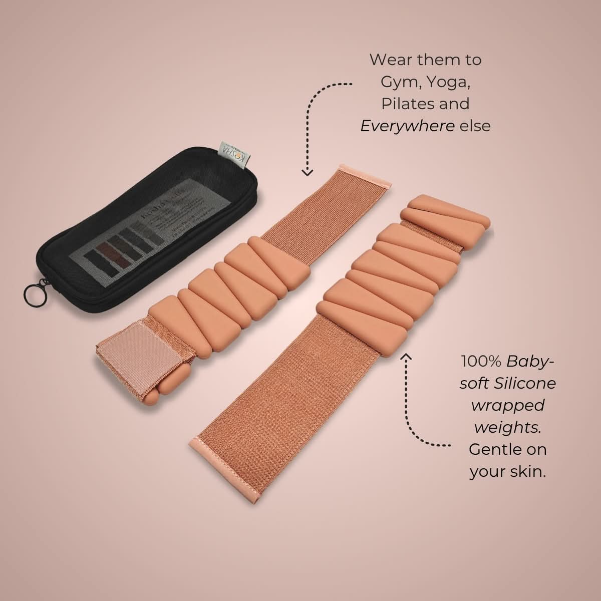 pink silicone ankle & wrist weights that are non slip and waterproof for all day comfort by kosha yoga co