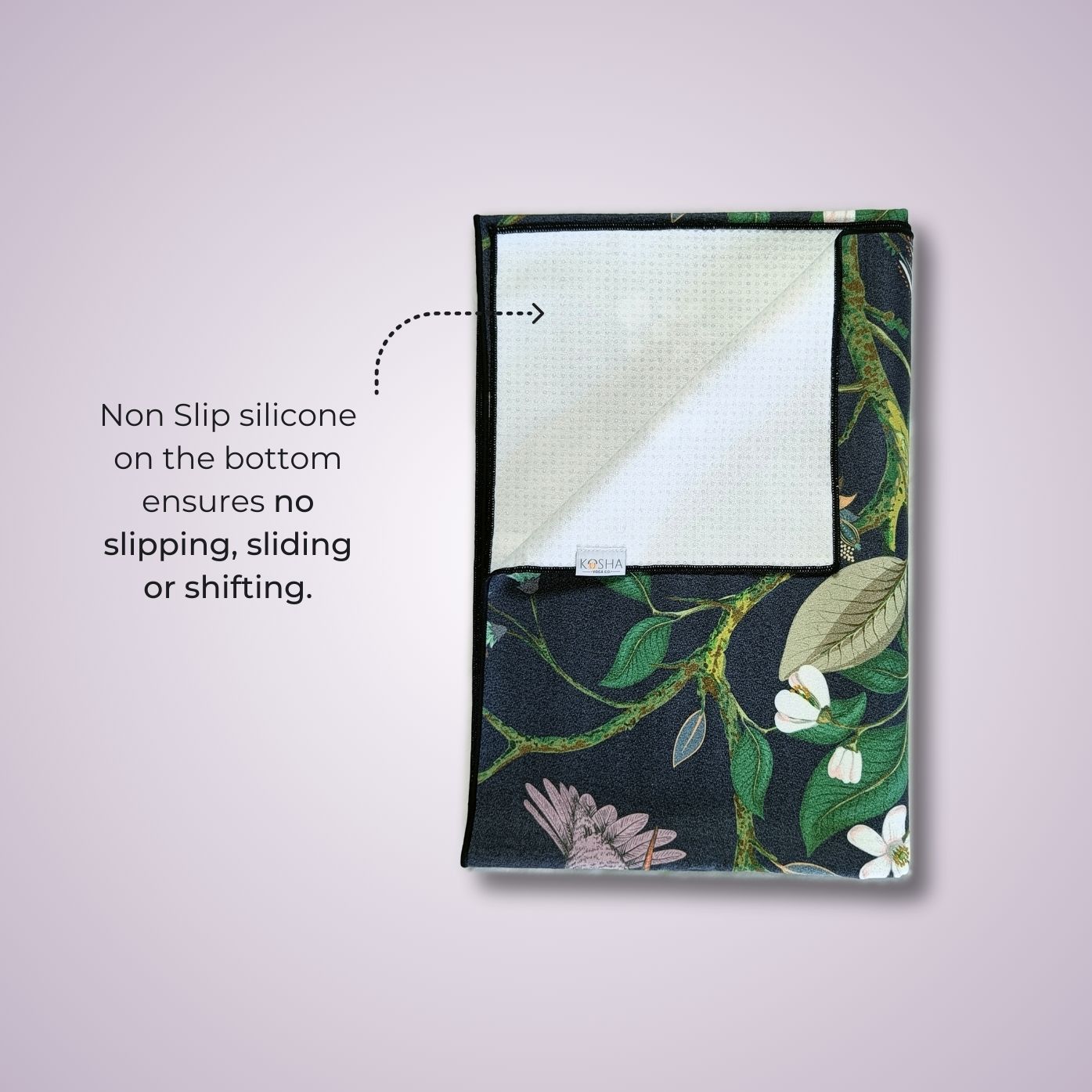 travel friendly machine washable yoga towels in purple tropical print by kosha yoga co