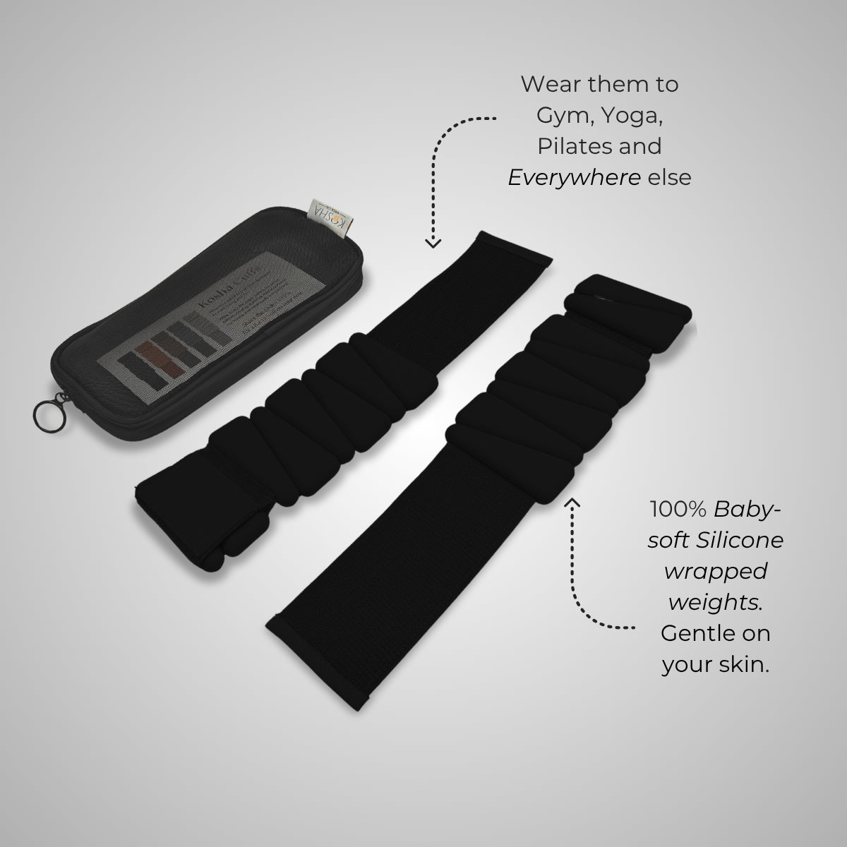 black silicone ankle & wrist weights that are non slip and waterproof for all day comfort by kosha yoga co