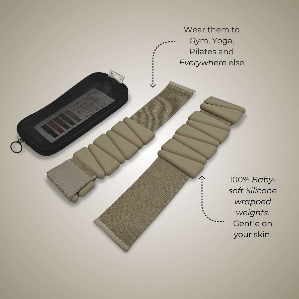 mud green silicone ankle & wrist weights that are non slip and waterproof for all day comfort by kosha yoga co