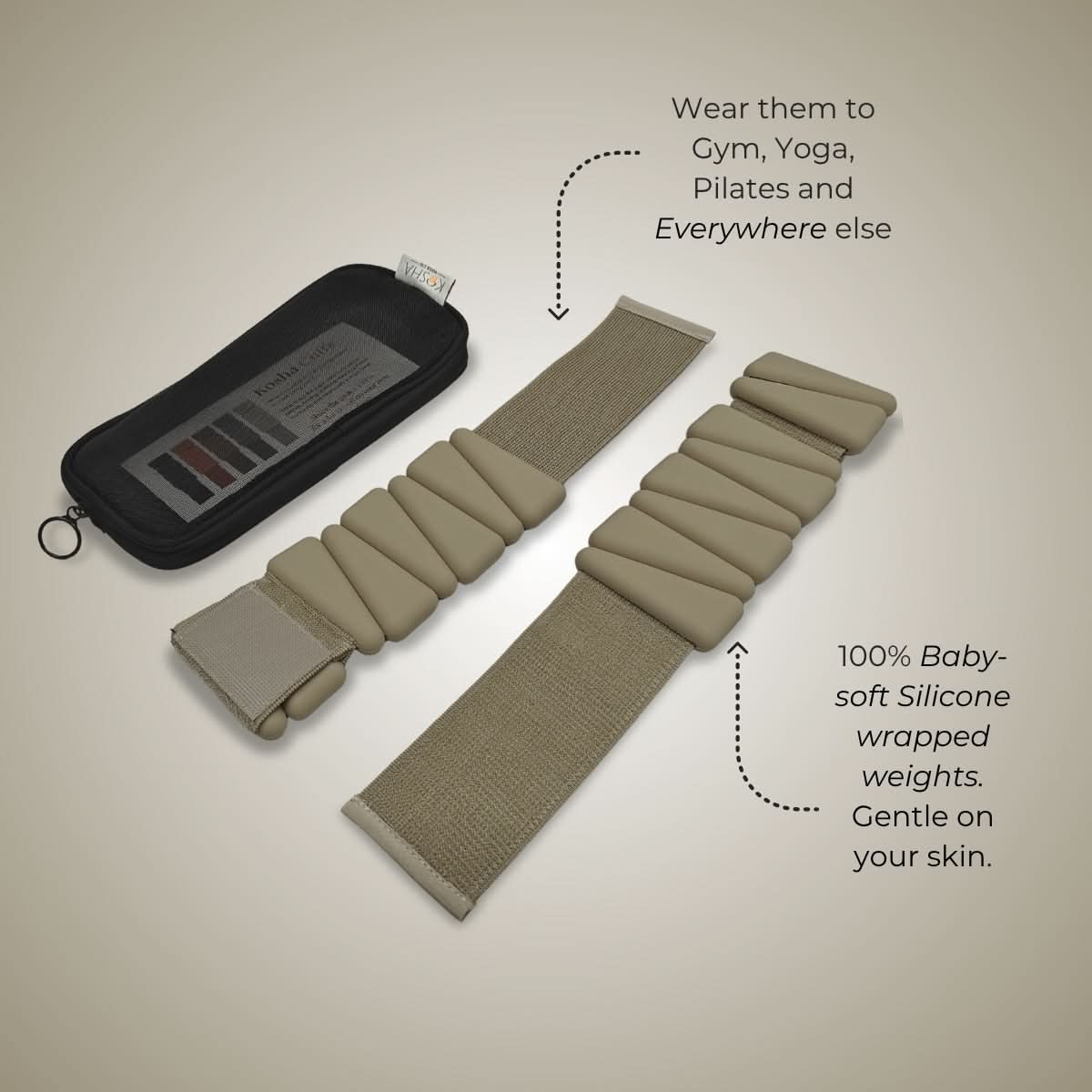 mud green silicone ankle & wrist weights that are non slip and waterproof for all day comfort by kosha yoga co