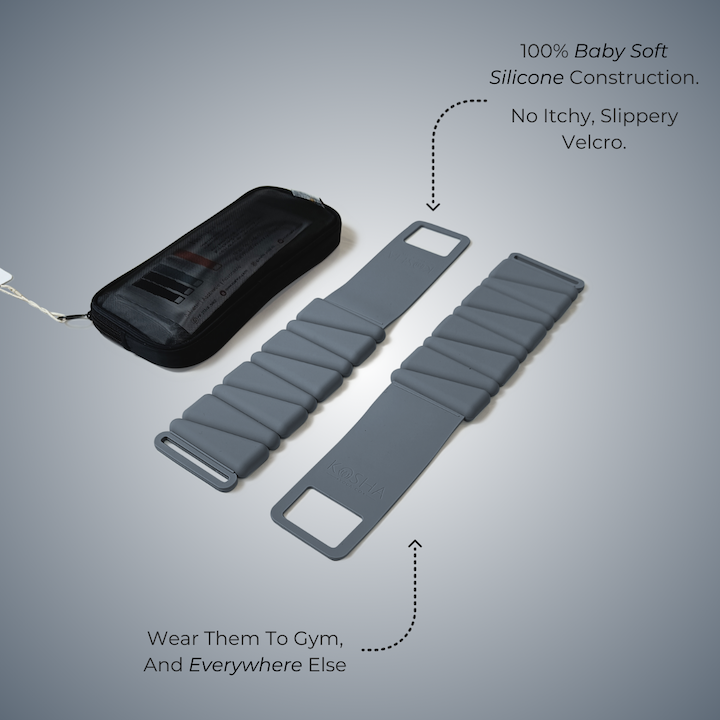 gray silicone ankle & wrist weights that are non slip and waterproof for all day comfort by kosha yoga co