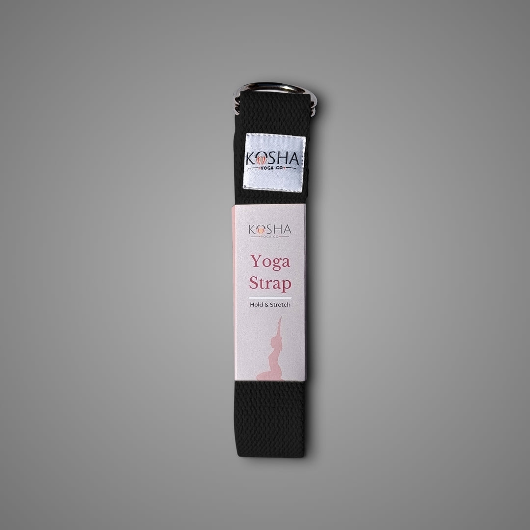 Black colour belt for stretching with metal buckle made from organic cotton by kosha yoga co