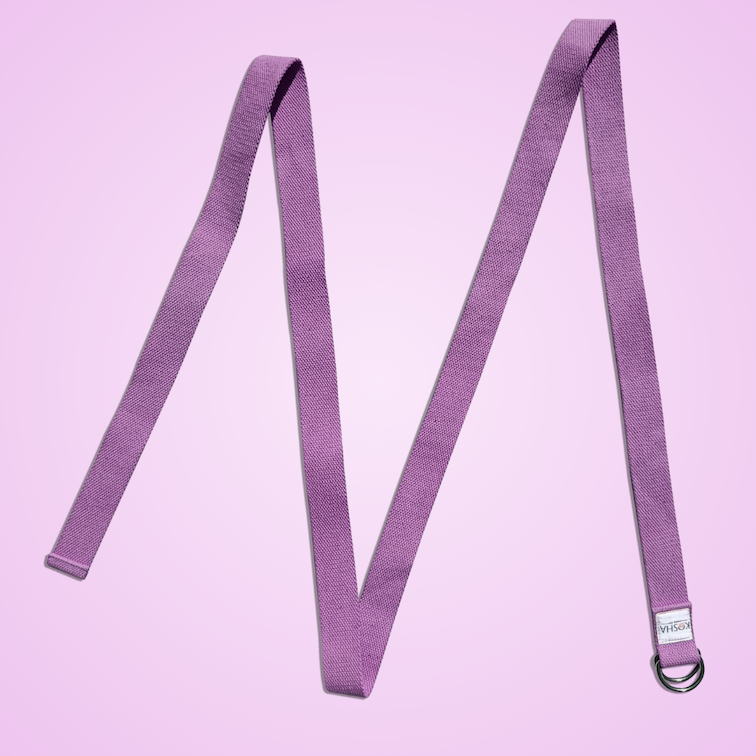 extra long extra wide yoga belt with metal buckle made from organic cotton in purple colour by kosha yoga co