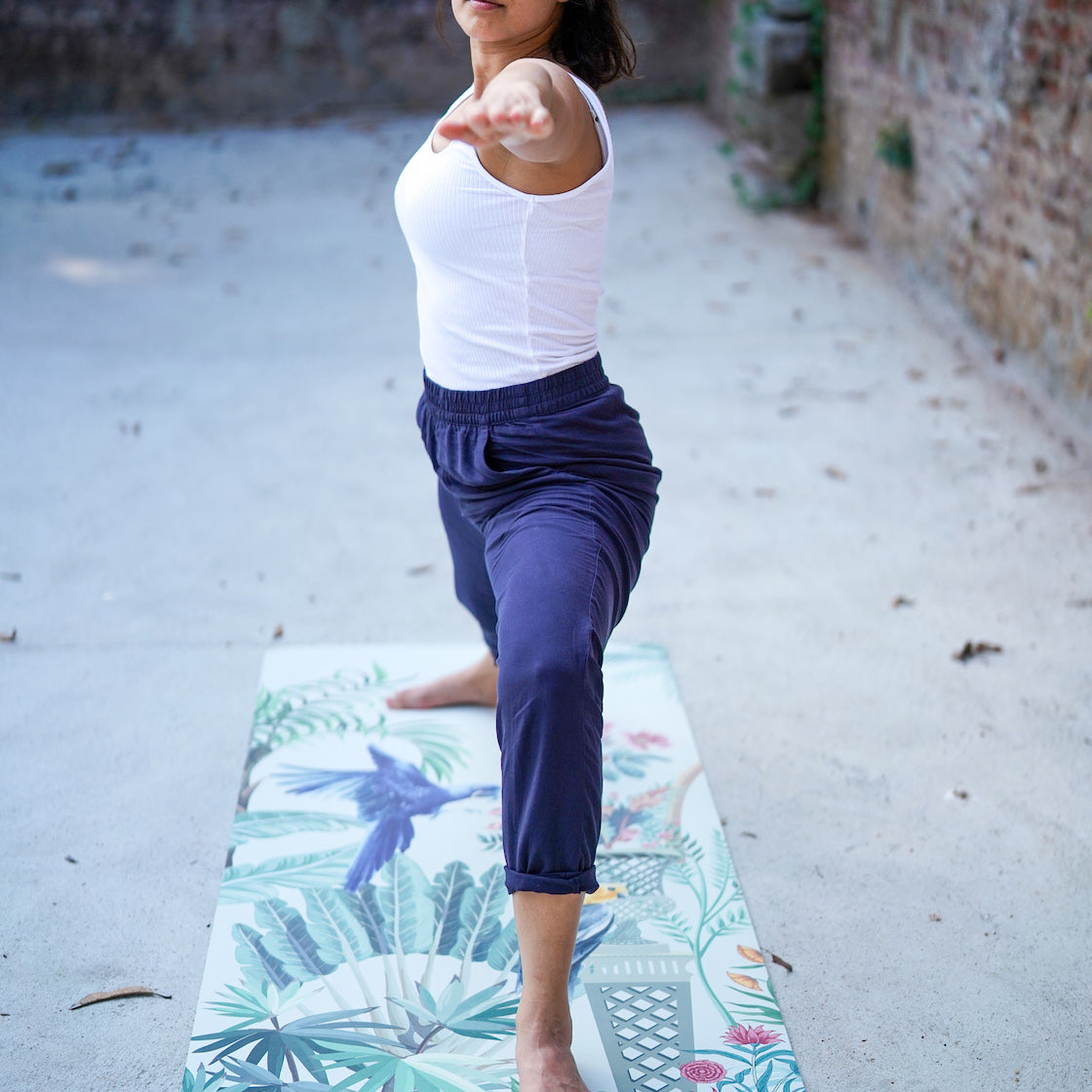 warrior pose on kosha yoga co printed yoga mat in Mysore India