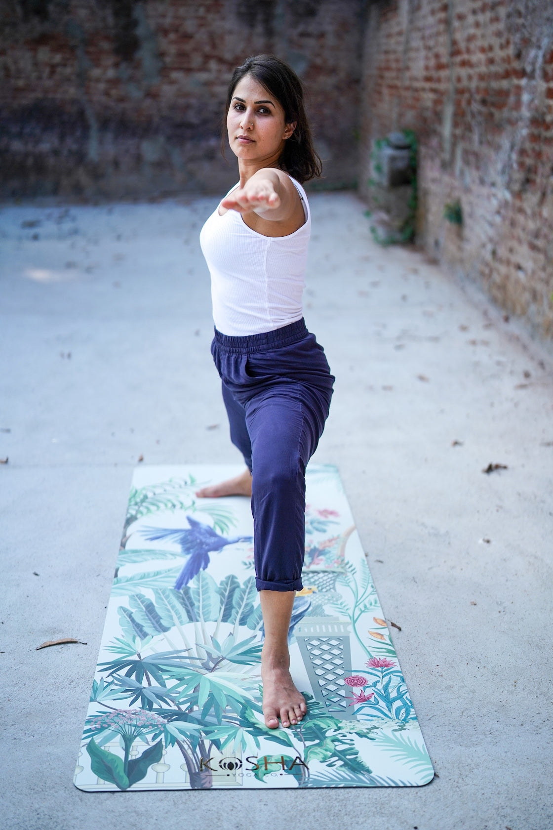 warrior pose on kosha yoga co printed yoga mat in Mysore India