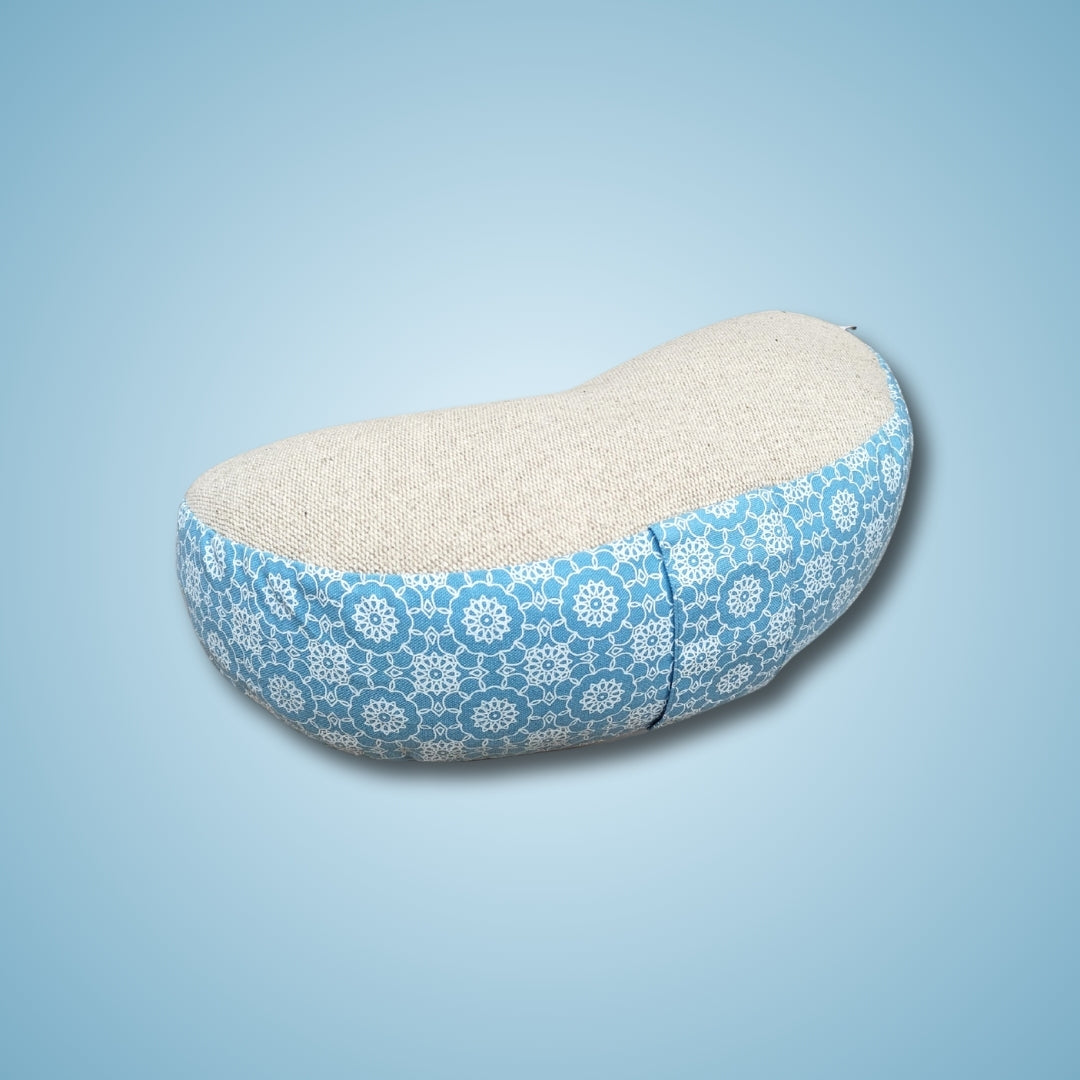 half moon shape meditation pillow for sitting cross legged in blue colour