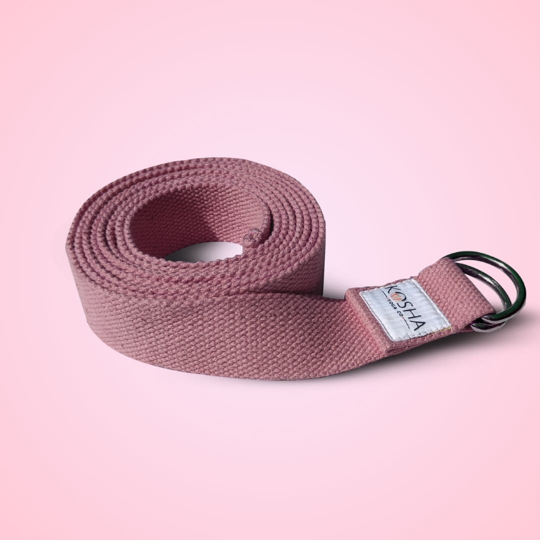 extra long yoga strap with buckle made from organic cotton in pink colour by kosha yoga co
