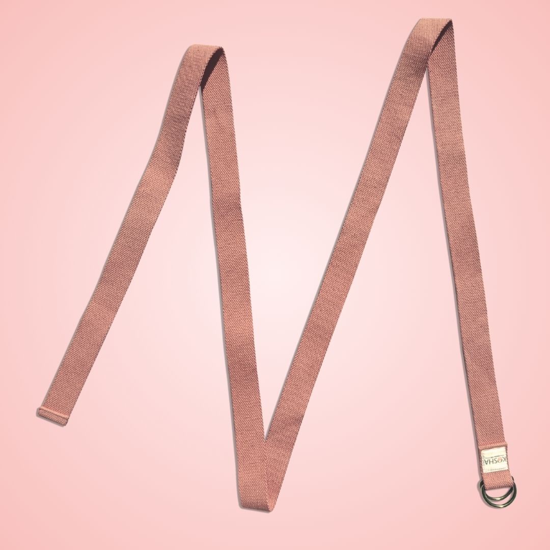 extra long extra wide yoga belt with metal buckle made from organic cotton in peach colour by kosha yoga co