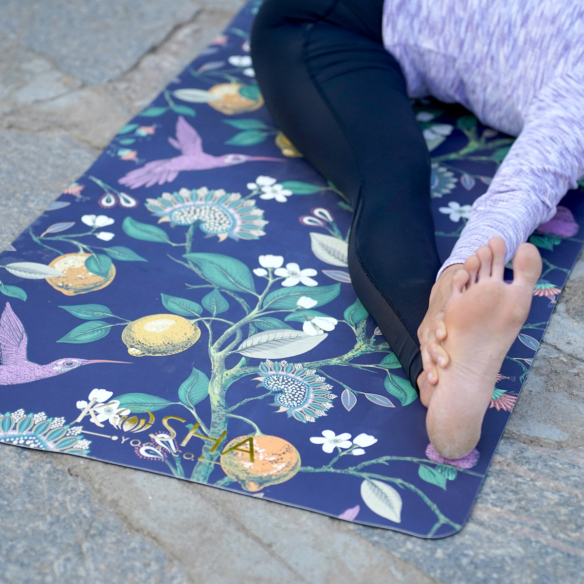 luxury yoga mat with floral motif by kosha yoga co
