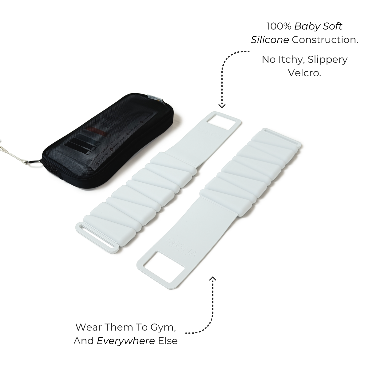 white silicone ankle & wrist weights that are non slip and waterproof for all day comfort by kosha yoga co