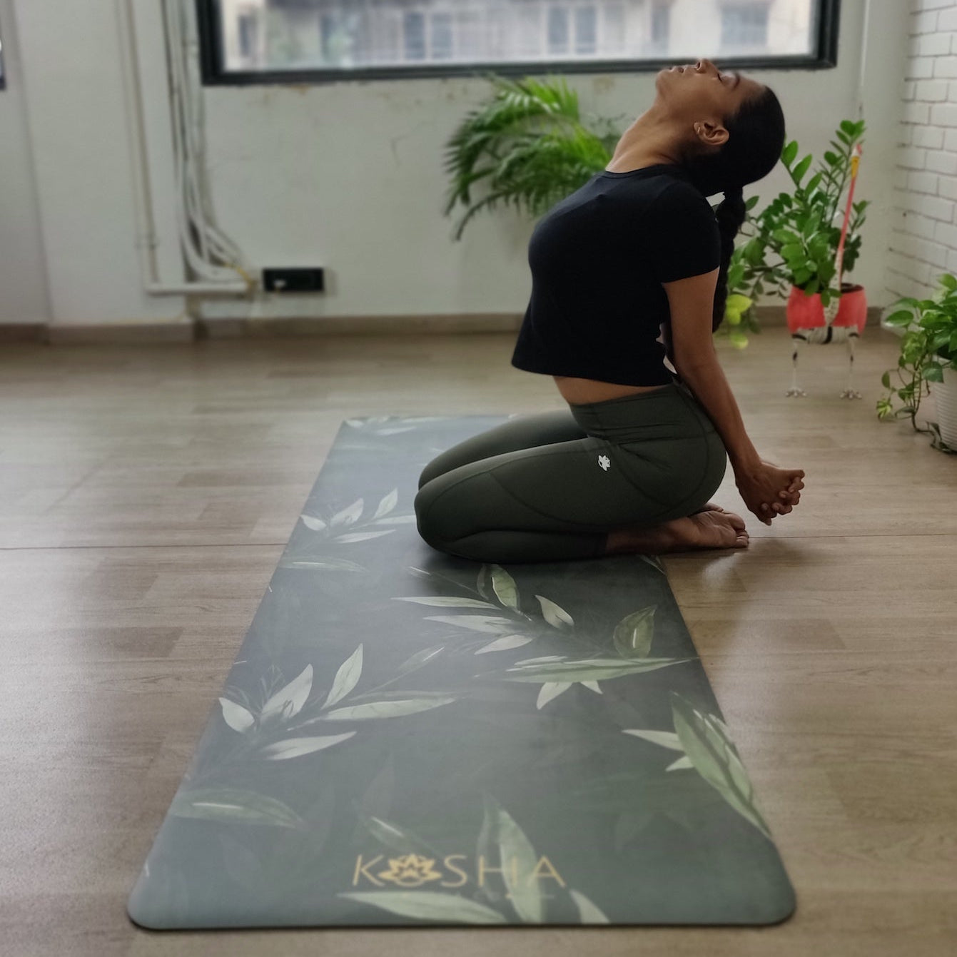 Heart Opener asana on Green With Forest Print Which Is Sweat Absorbent Non Slip Yoga Mat By Kosha Yoga Co