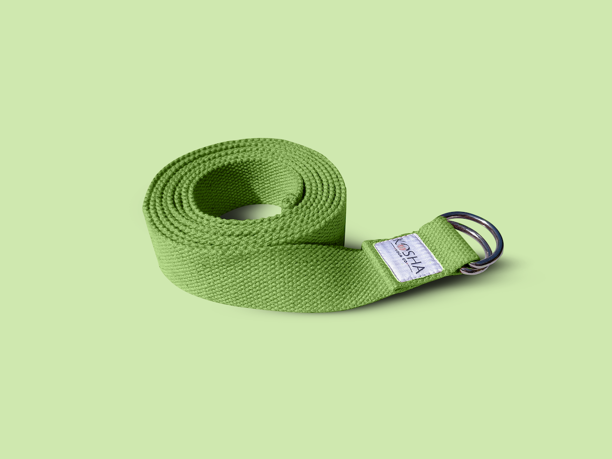 extra long yoga stretching strap with buckle made from organic cotton in green colour by kosha yoga co