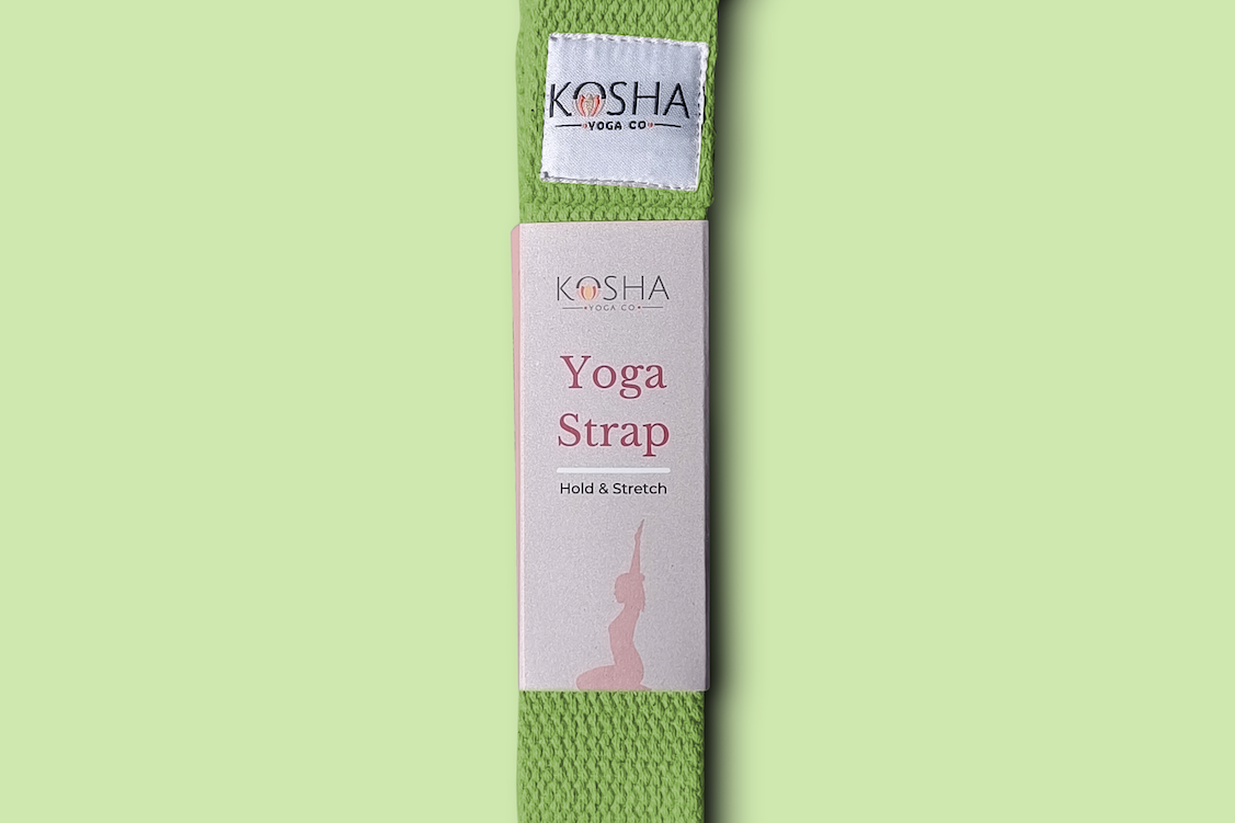 yoga strap with buckle made from organic cotton in green colour by kosha yoga co