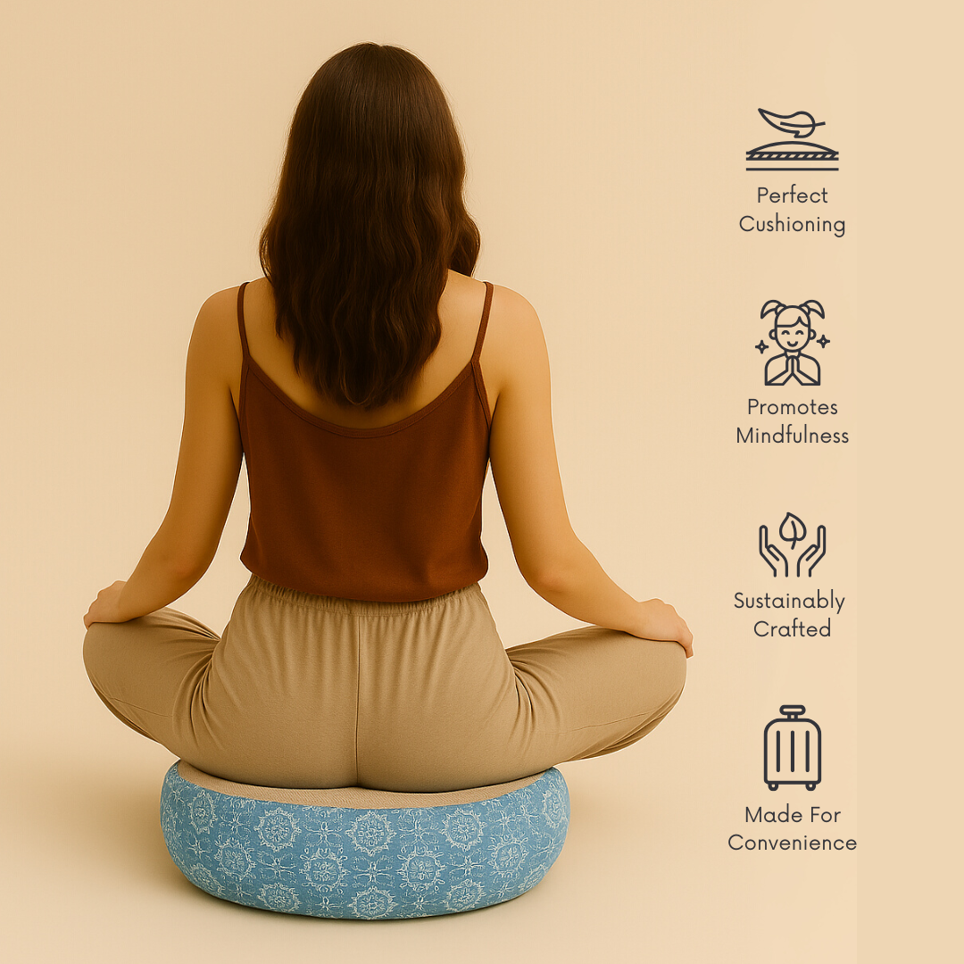 half moon shape meditation pillow for sitting cross legged in blue colour
perfect cushioning, promotes mindfulness, sustainably crafted, made for convenience
