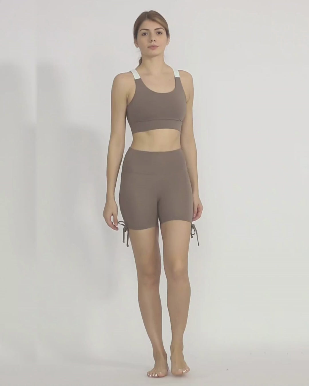 Nude Yoga shorts and sports bra co-ord set by kosha yoga co from recycled materials