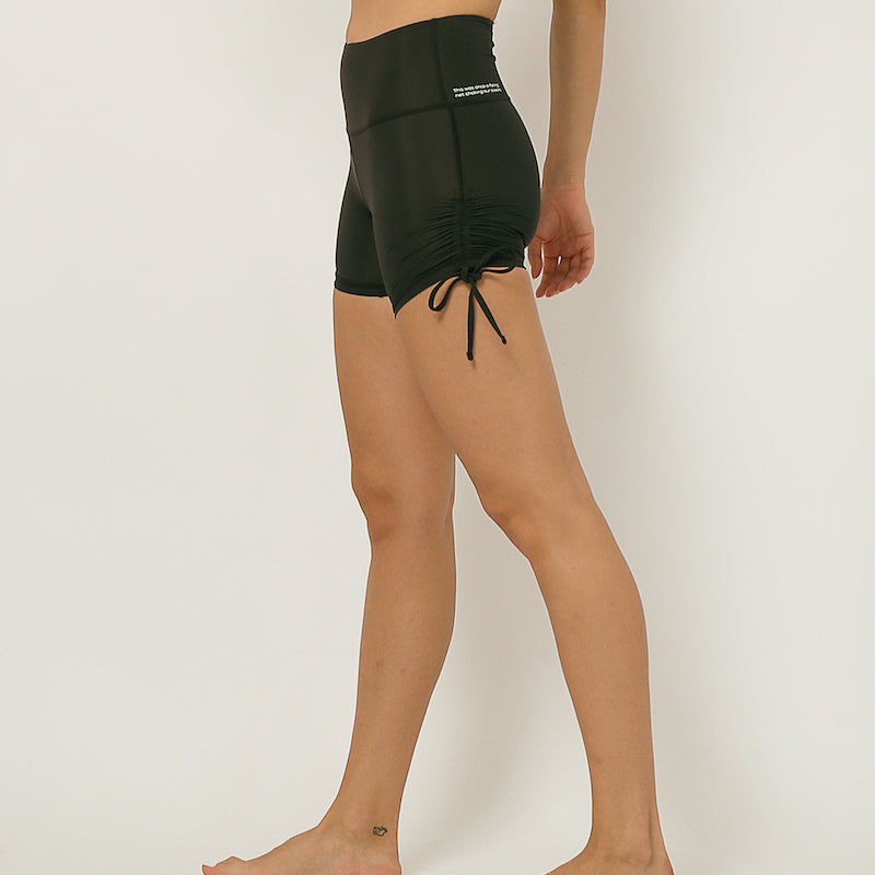 Black moisture wicking shorts with adjustable length by kosha yoga co