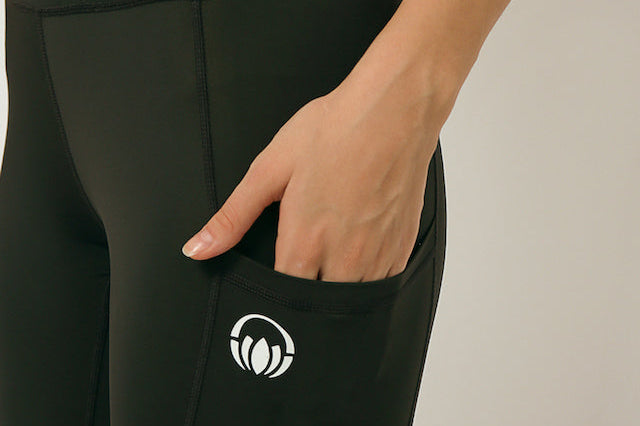 Black moisture wicking yoga pants with two pockets by Kosha yoga co