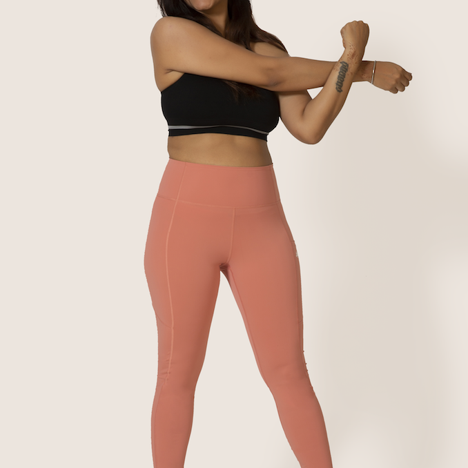 Sustainable activewear made out of recycled materials by Kosha Yoga Co. Squat proof, stretchable leggings for yoga, gym, workouts, running.