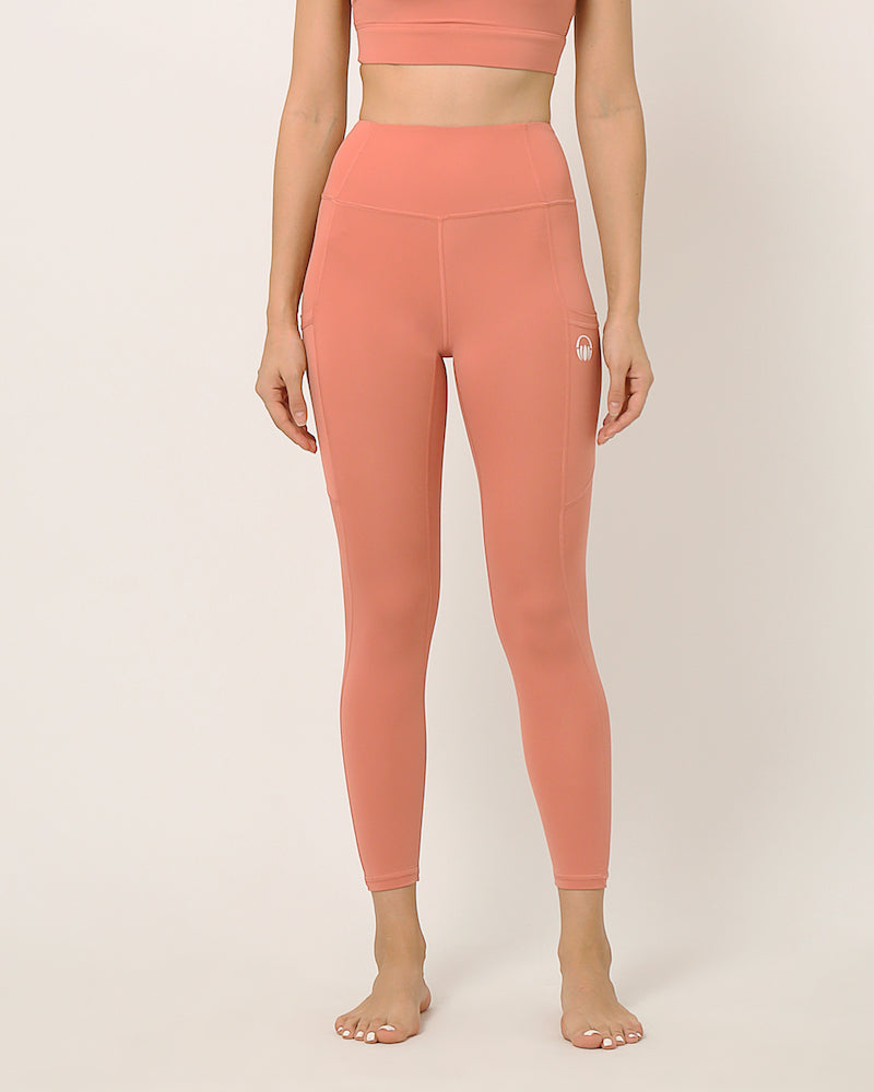 Pink ankle length leggings for yoga and sports bra set by kosha yoga co