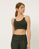 Black sports bra with white stripes and wide band