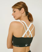 Black and white sports bra co-ord set with contrast straps for yoga, gym, workouts, running made by kosha yoga co from recycled materials