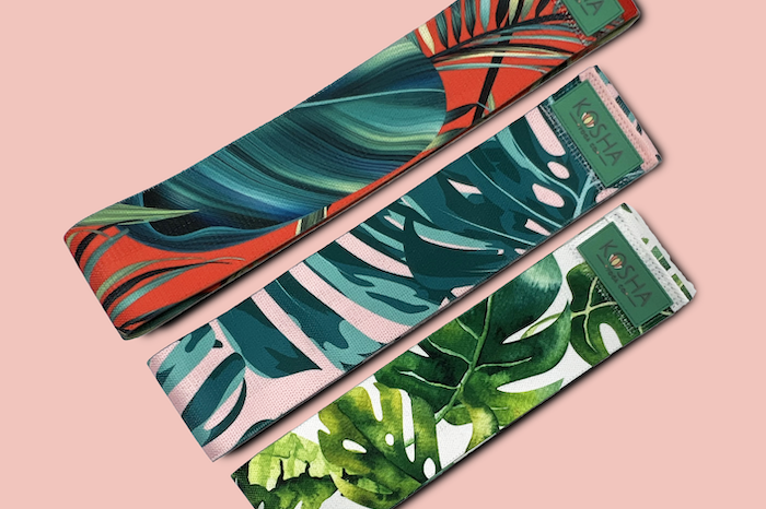 tropical printed green white and red non slip fabric resistance bands by kosha yoga co