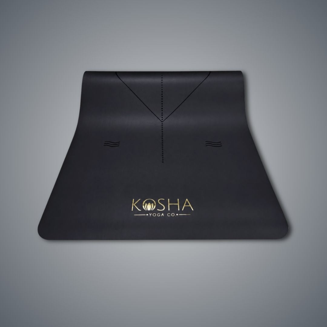 Sweat Absorbent Non Slip Rubber Yoga Mat With Alignment Lines In Black Colour By Kosha Yoga Co