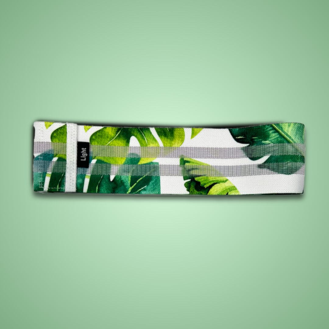 tropical printed green white and red non slip fabric resistance bands by kosha yoga co