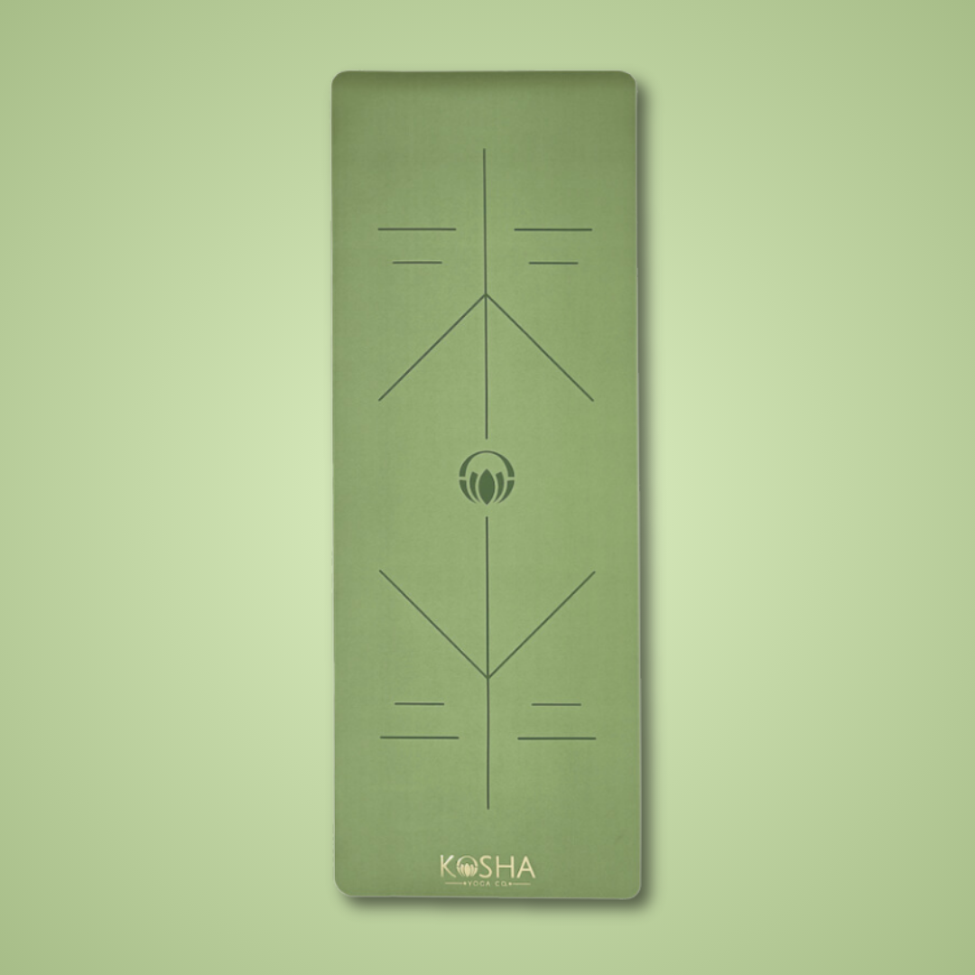 Extra long extra wide Sweat Absorbent Non Slip Rubber Yoga Mat With Alignment Lines In green Colour By Kosha Yoga Co for men and women