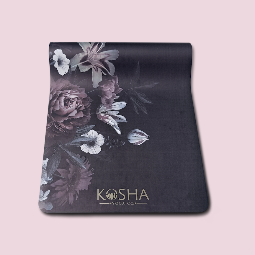 Black floral print yoga mat Which Is Sweat Absorbent Non Slip Yoga Mat By Kosha Yoga Co