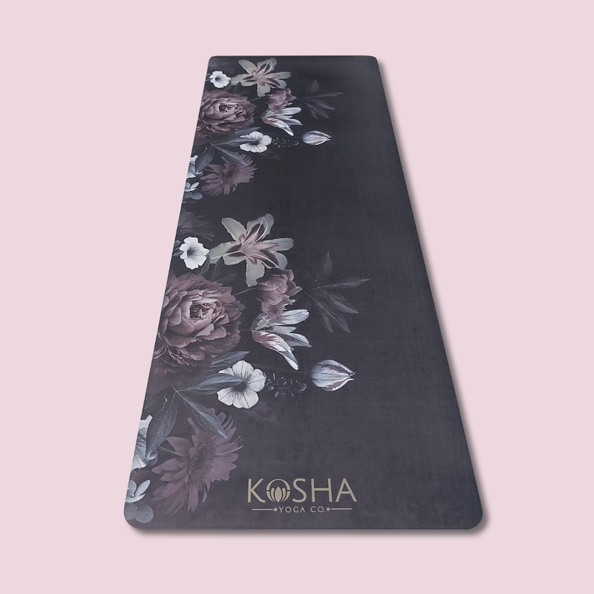 Black floral print yoga mat Which Is Sweat Absorbent Non Slip Yoga Mat By Kosha Yoga Co