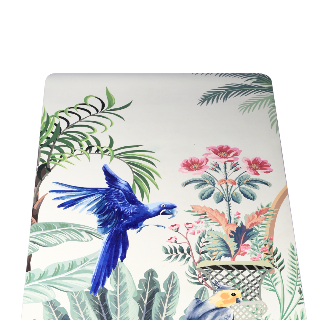 designer luxury yoga mat with bird and flower print with personalisation by kosha yoga co