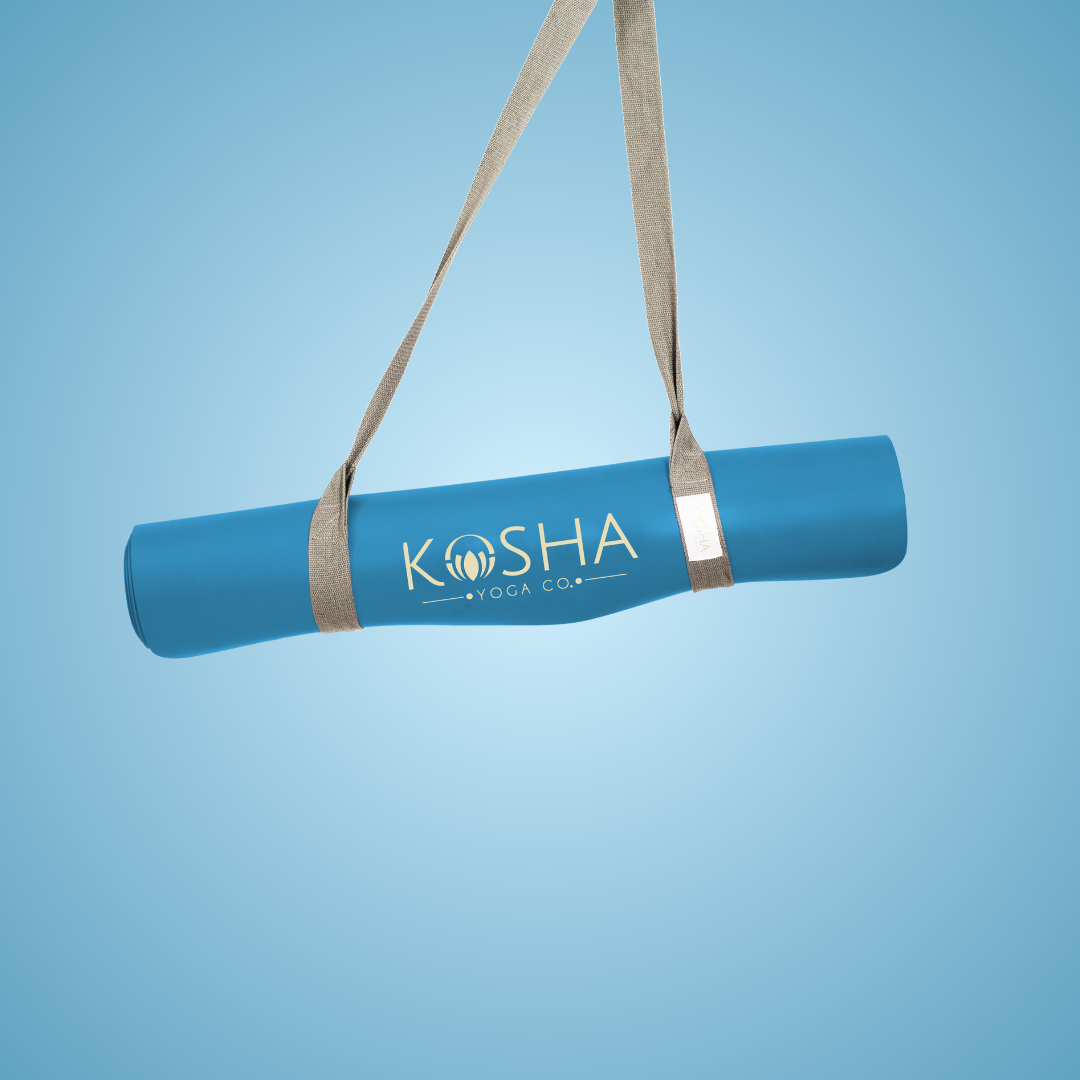 blue colour natural rubber yoga mat with free carry strap by kosha yoga co India for men and women