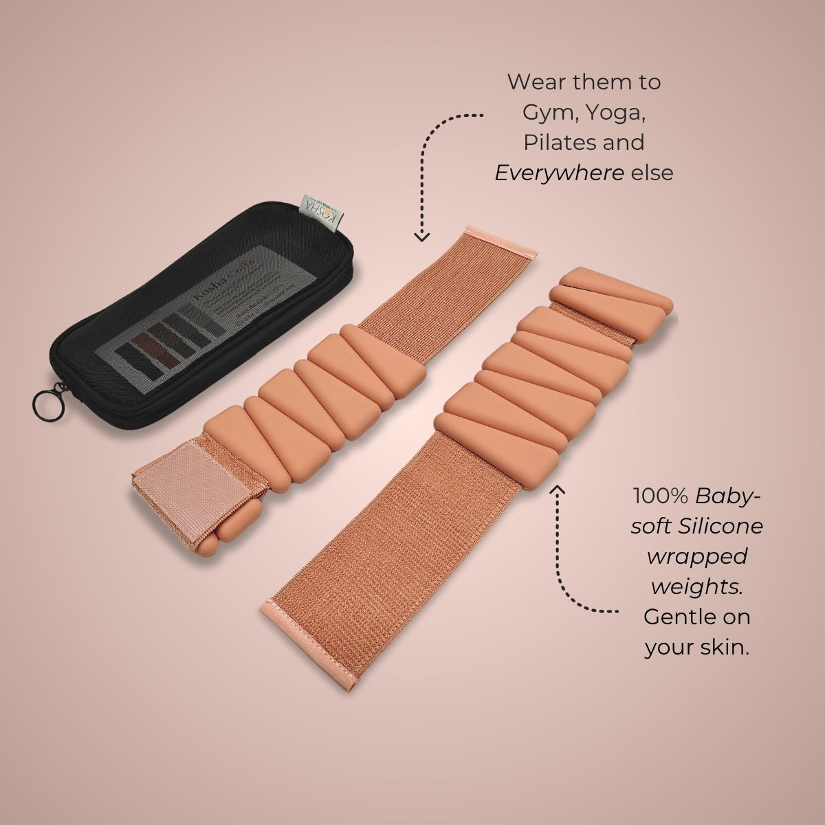 pink  silicone ankle & wrist weights that are non slip and waterproof for all day comfort by kosha yoga co