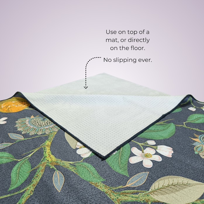 hot yoga towel non slip sweat absorbent machine washable soft to touch in floral tropical prints in ink blue colour by kosha yoga co