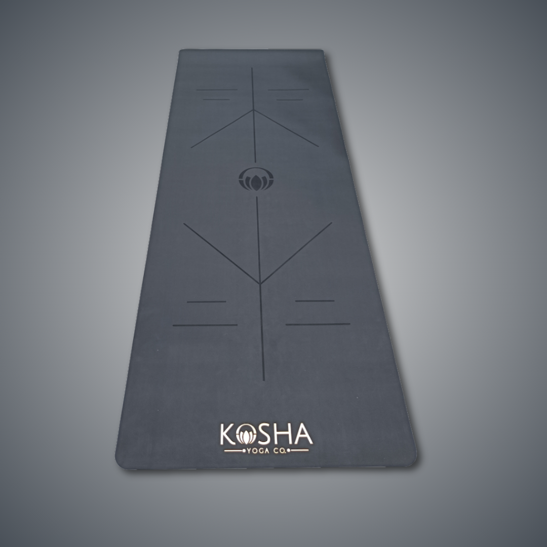 Extra long Sweat Absorbent Non Slip Rubber Yoga Mat With Alignment Lines In black colour By Kosha Yoga Co