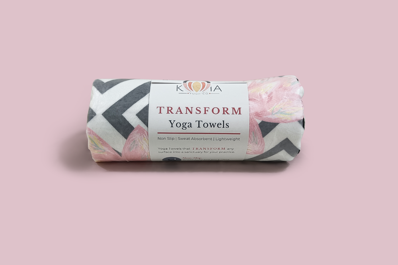 sweat-absorbent, anti-slip, machine washable yoga towels with pink lotus print colour by kosha yoga co