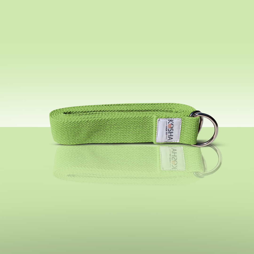 yoga strap with buckle made from organic cotton in green colour by kosha yoga co