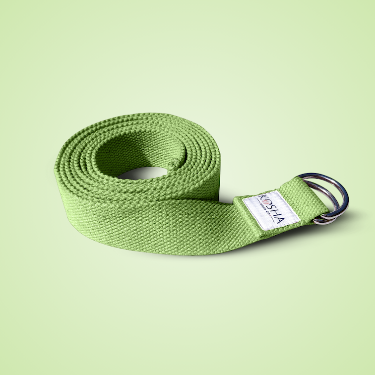 extra long yoga stretching strap with buckle made from organic cotton in green colour by kosha yoga co