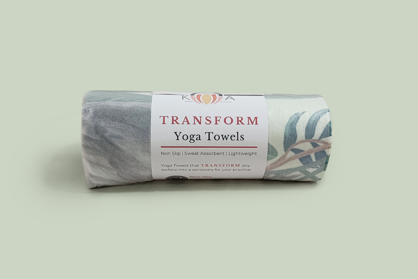 sweat-absorbent, anti-slip, machine washable yoga towels with green tropical print by kosha yoga co