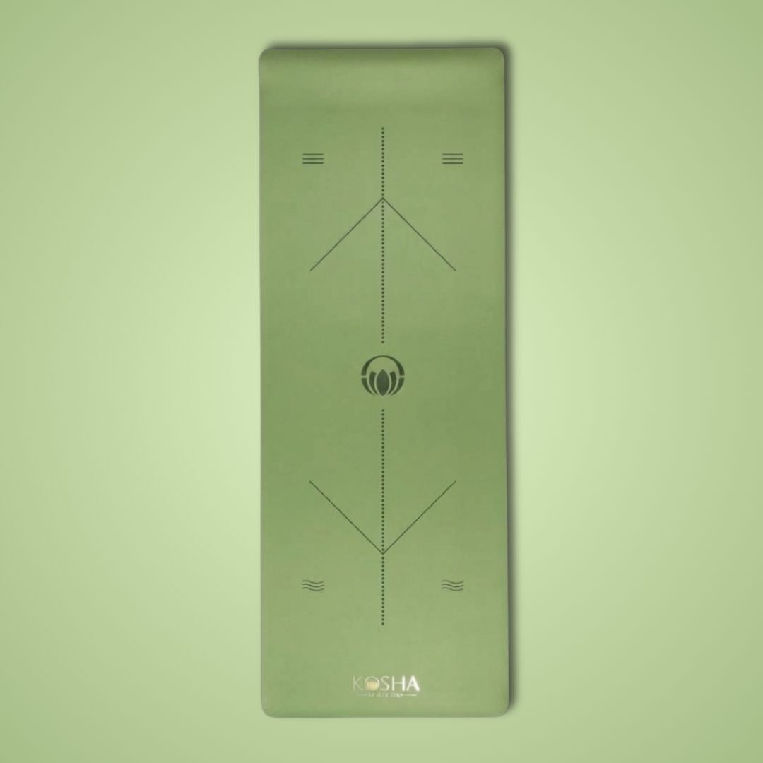 Extra long extra wide Sweat Absorbent Non Slip Rubber Yoga Mat With Alignment Lines In green Colour By Kosha Yoga Co for men and women