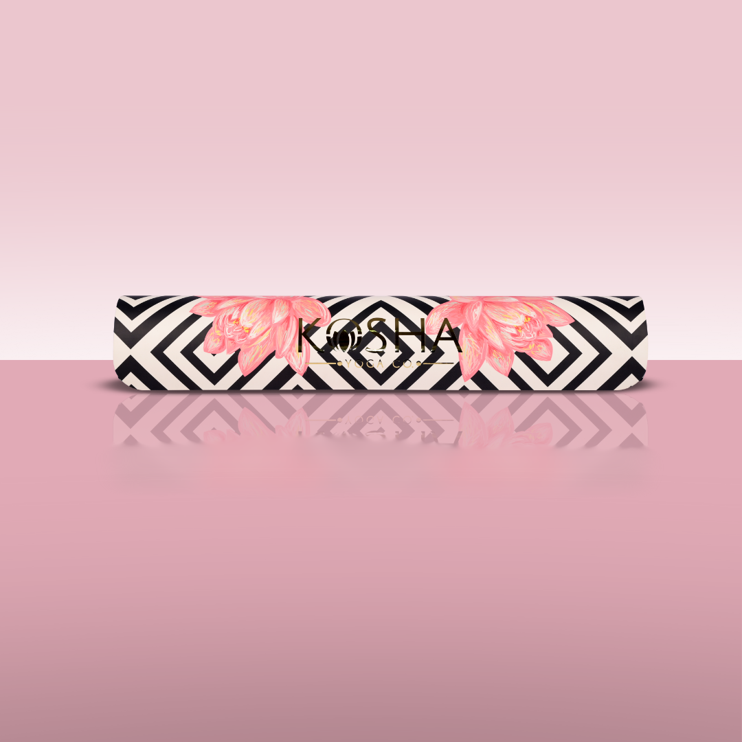 printed lotus yoga mat by kosha yoga co with black and pink flowers